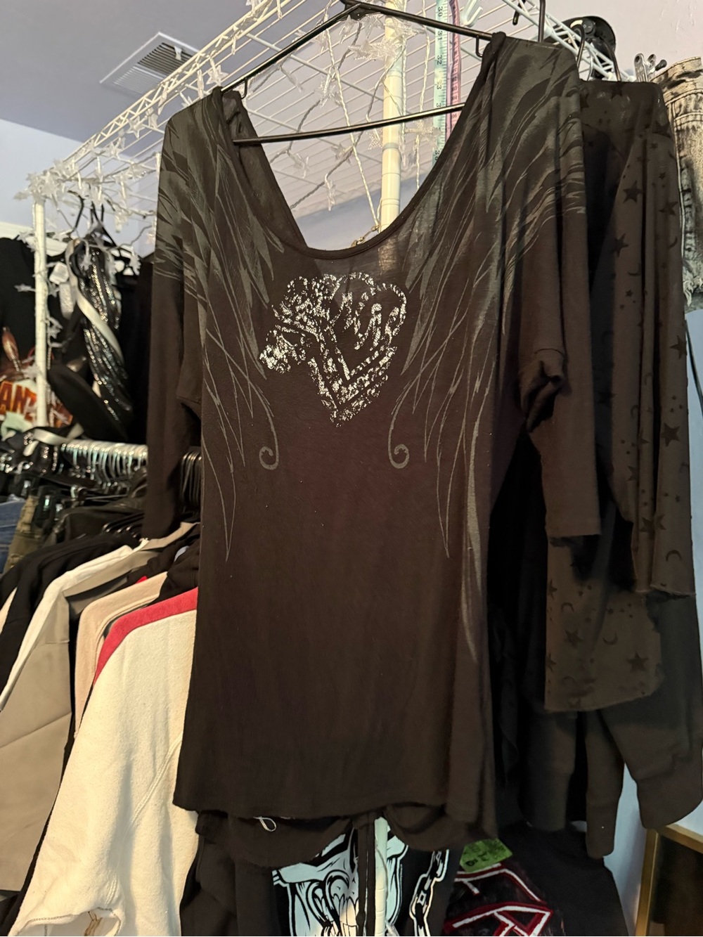 Black Scoop Neck Long Sleeve Top with Winged Heart Detaily2K flowy blouse - Picture 1 of 3